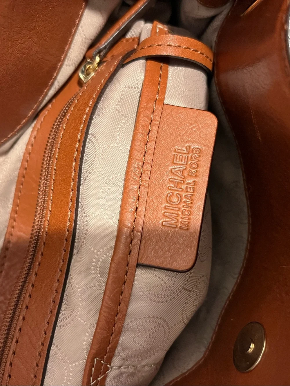 Michael Kors Cream MK Signature Satchel with Brown Trim and Gold Hardware